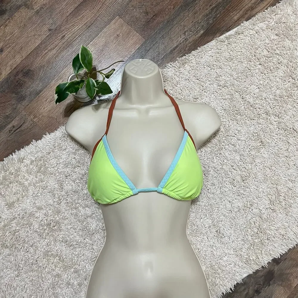 Aerie Large Neon Green Blue Brown Colorblock Padded Triangle Halter Bikini Top